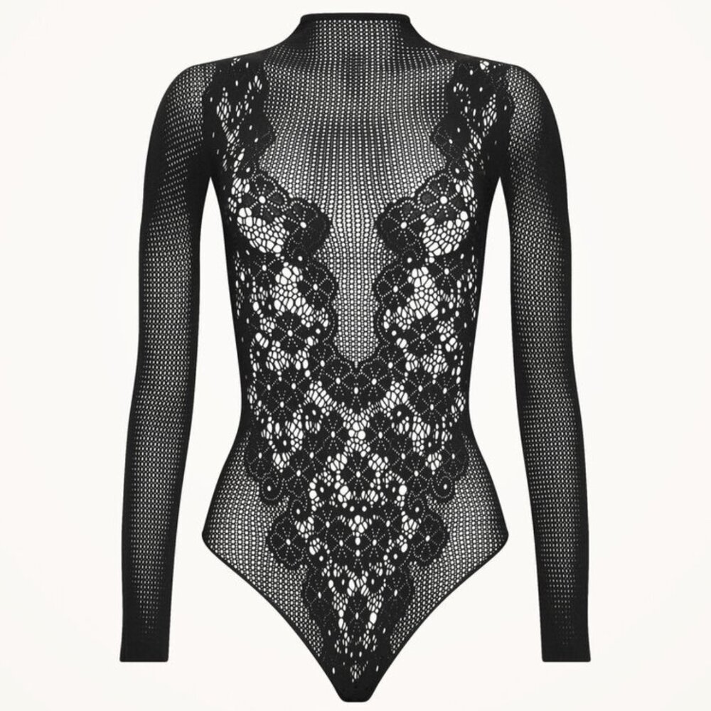 Wolford Flower Lace String Body Long-Sleeved Net Bodysuit. Black. Size M
